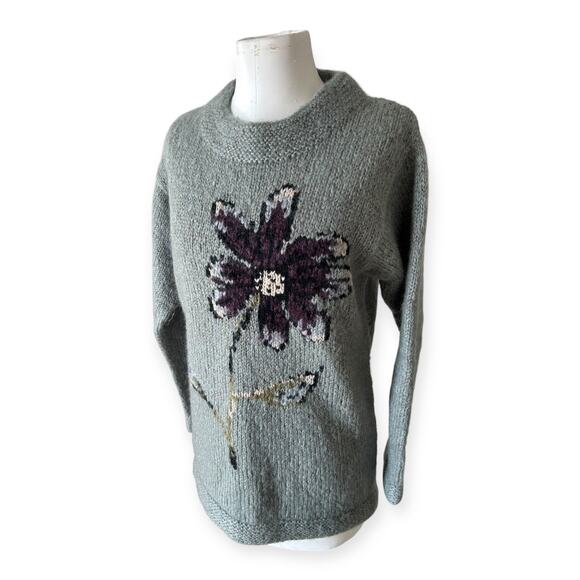 Garnet Hill Chunky Green Mohair Wool Hand Knit Sweater Floral Women's Small Cozy - Picture 6 of 9